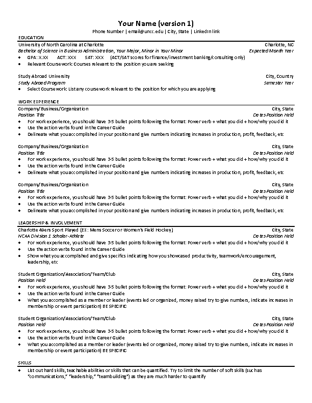 Resume Examples University Career Center UNC Charlotte