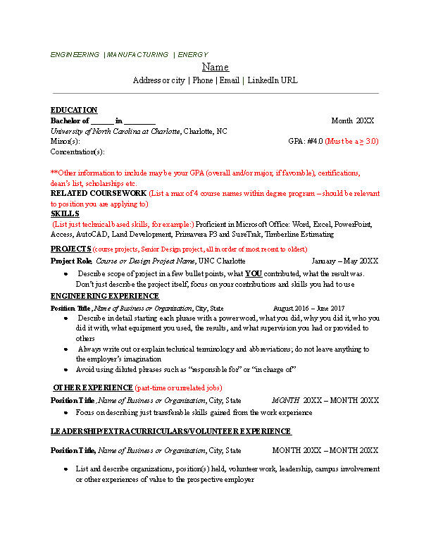 Unc Resume Template